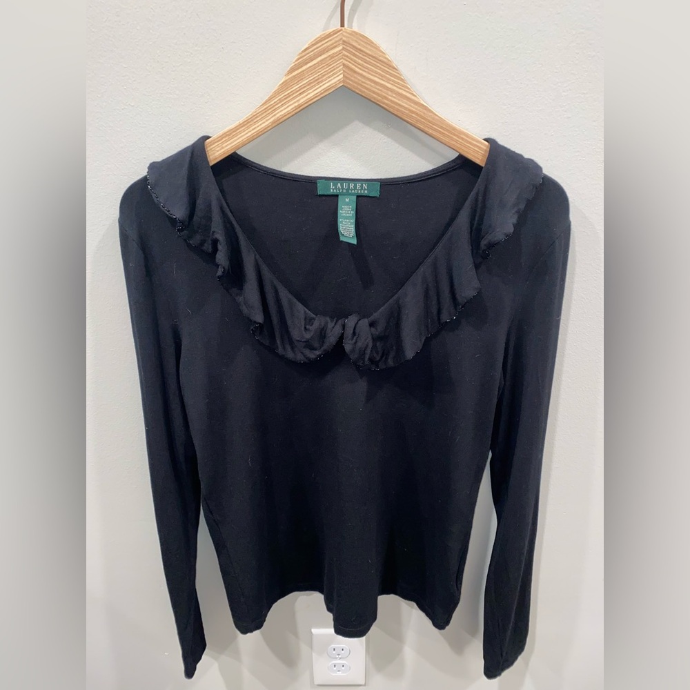 Lauren Ralph Lauren Black Knit Beaded Ruffle Accent Long Sleeve Blouse Women’s M